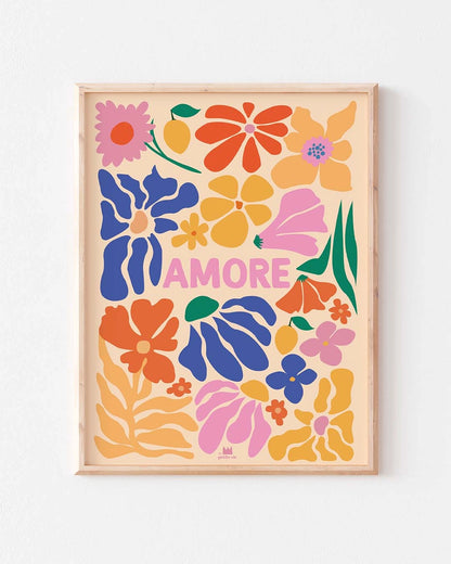 Affiche murale décorative amore, avec des fleurs colorées.