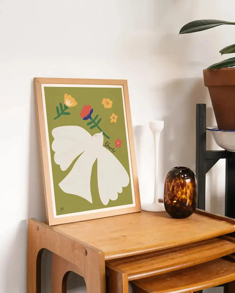 Affiche murale avec un oiseau dans un cadre en bois, Ma Petite Vie.