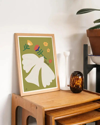 Affiche murale avec un oiseau dans un cadre en bois, Ma Petite Vie.