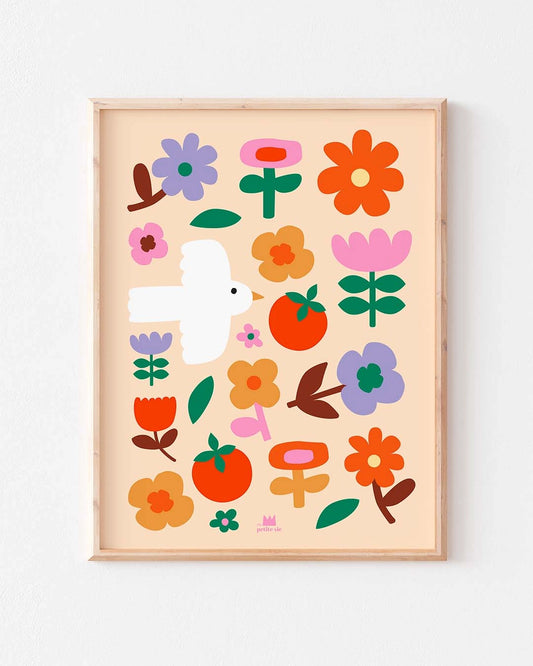 Affiche murale décorative avec un oiseau, des fleurs et des tomates.