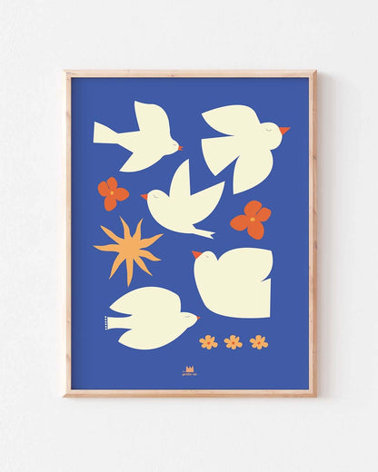 Affiche murale décorative bleue avec des oiseaux.