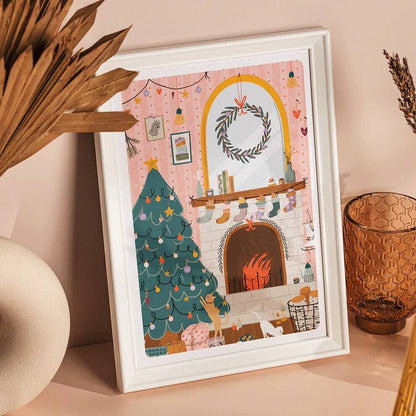 Affiche de Noël d'un feu de cheminée avec un sapin de Noël, Maison Joliette.
