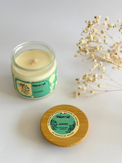 Bougie parfumée au jasmin, senteur florale, fabriquée en Provence.