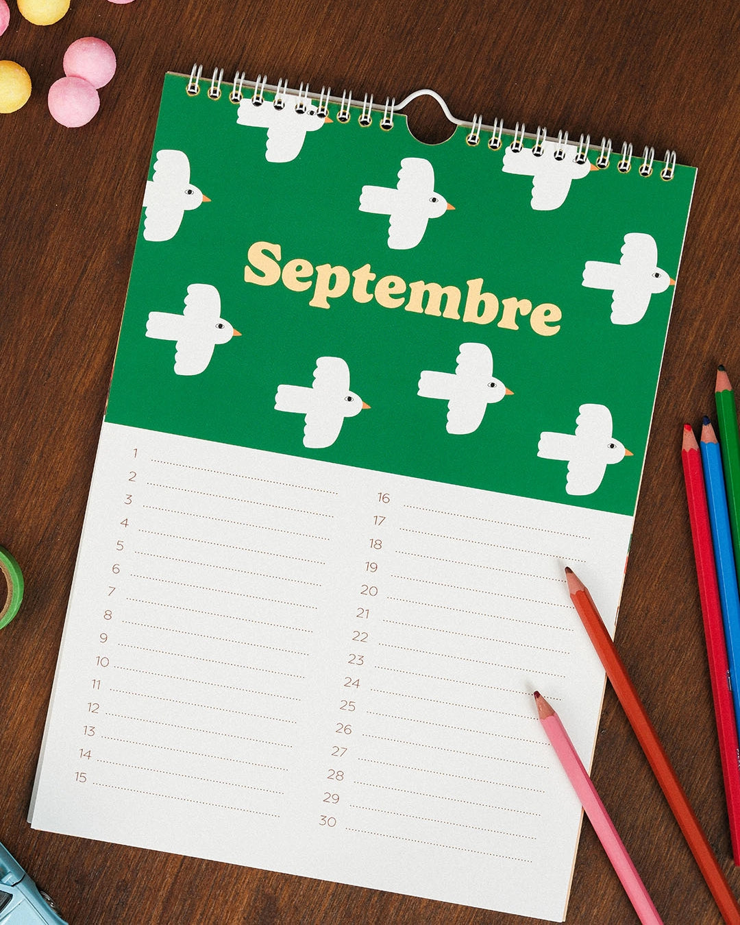 Calendrier des anniversaire mural, septembre avec des oiseaux.