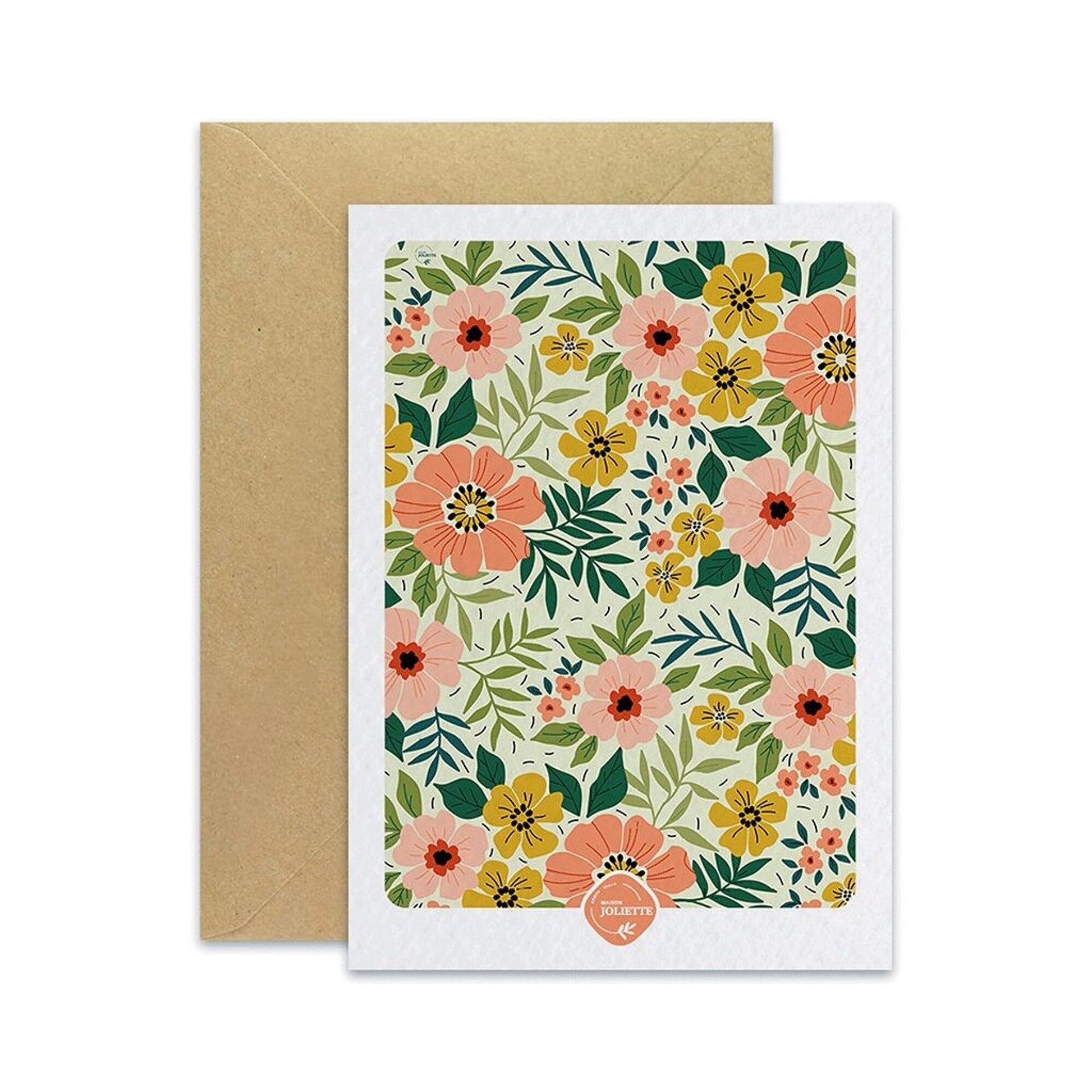 Carte postale avec des fleurs multicolores illustrées et son enveloppe en kraft, Maison Joliette