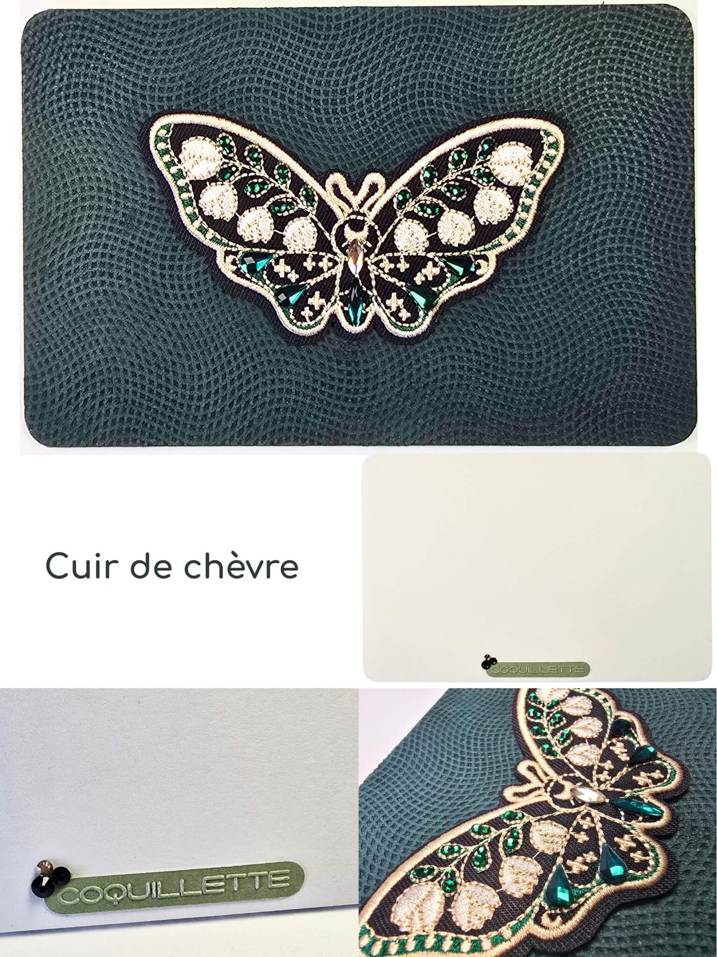 Carte à offrir originale et artisanale, avec un papillon vert brodé.