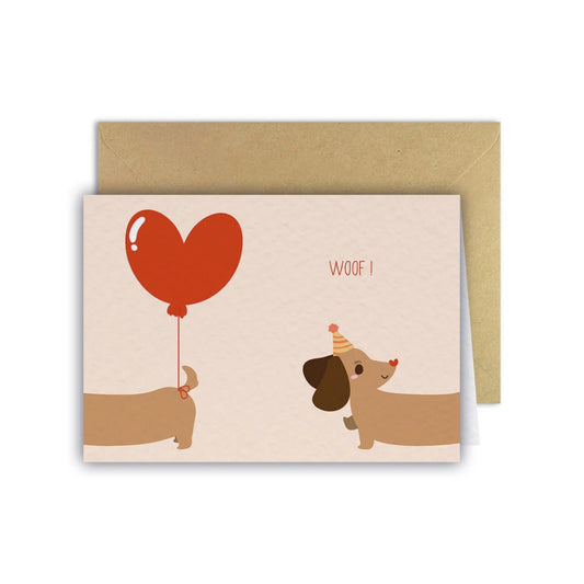 Carte d'anniversaire avec un chien et un ballon rouge, Maison Joliette.