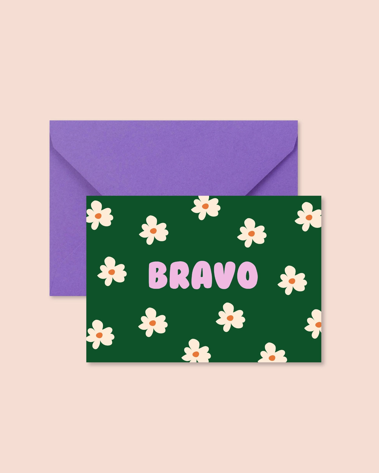 Carte avec message Bravo, verte avec des fleurs.