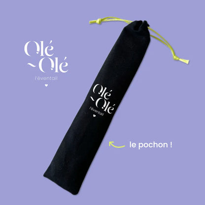 Éventail en bois fabriqué en Espagne, pochon de protection.
