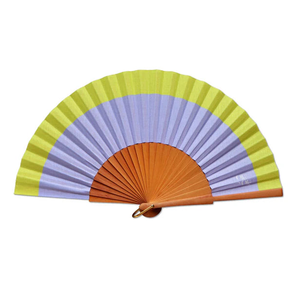 Éventail en bois fabriqué en Espagne, couleur mauve et vert anis.