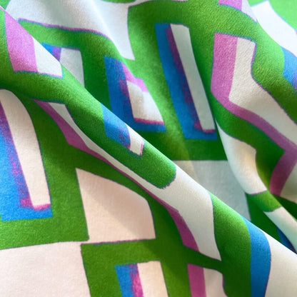 foulard en soie, imprimé 70's, vert, bleu et violet, forme carrée