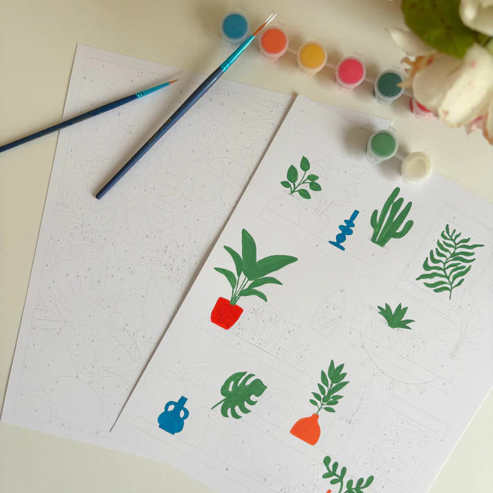 Kit peinture aux numéros avec deux illustrations, deux pinceaux et des pots de peinture, salut irène.