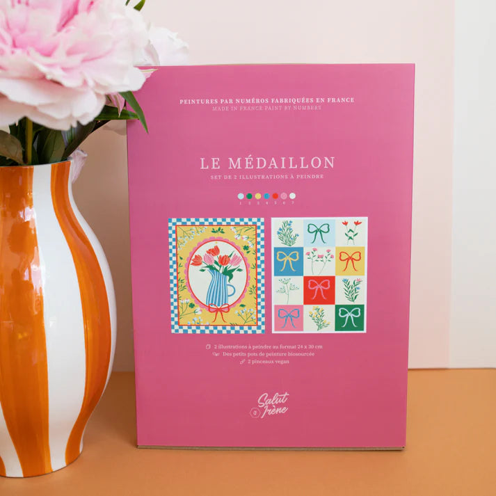 Kit peinture aux numéros avec deux illustrations, deux pinceaux et des pots de peinture, salut irène.
