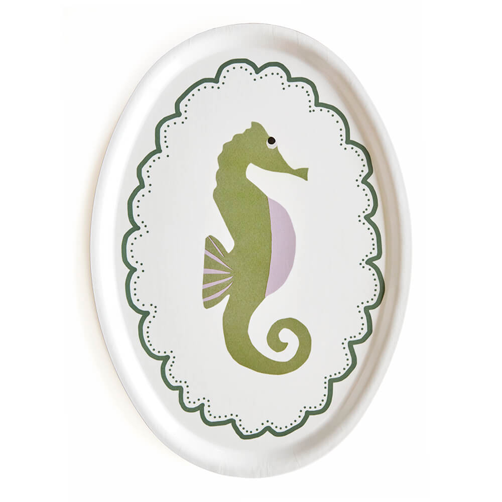 Plateau ovale en bois avec un hippocampe illustré.