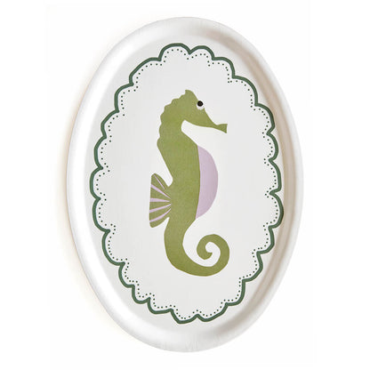 Plateau ovale en bois avec un hippocampe illustré.