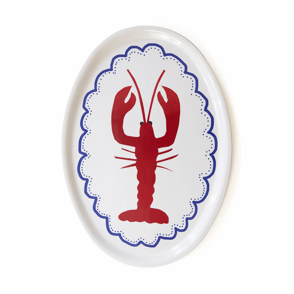 Plateau ovale en bois avec un homard illustré.