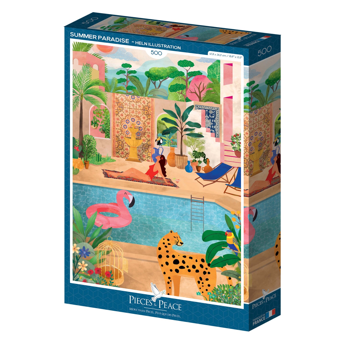 Puzzle été illustration colorée, piscine, plantes, oiseaux 500 pièces, fabriqué en France