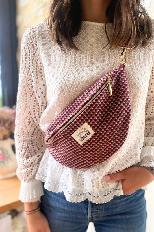 sac banane bordeaux en tweed upcyclé fabriqué en France, fermeture dorée