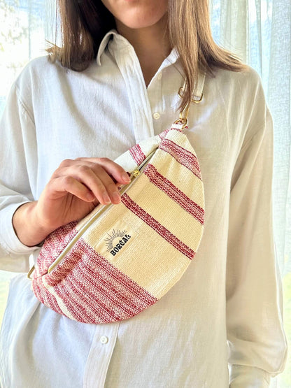 Sac banane pour femme printemps, rouge et blanc, en coton. Fabriqué en France.