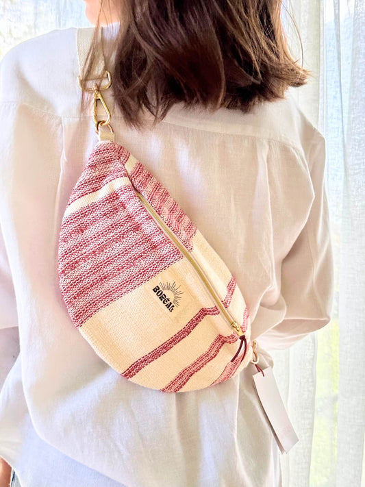 Sac banane pour femme printemps, rouge et blanc, en coton. Fabriqué en France.