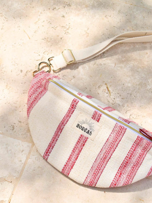 Sac banane pour femme printemps, rouge et blanc, en coton. Fabriqué en France.