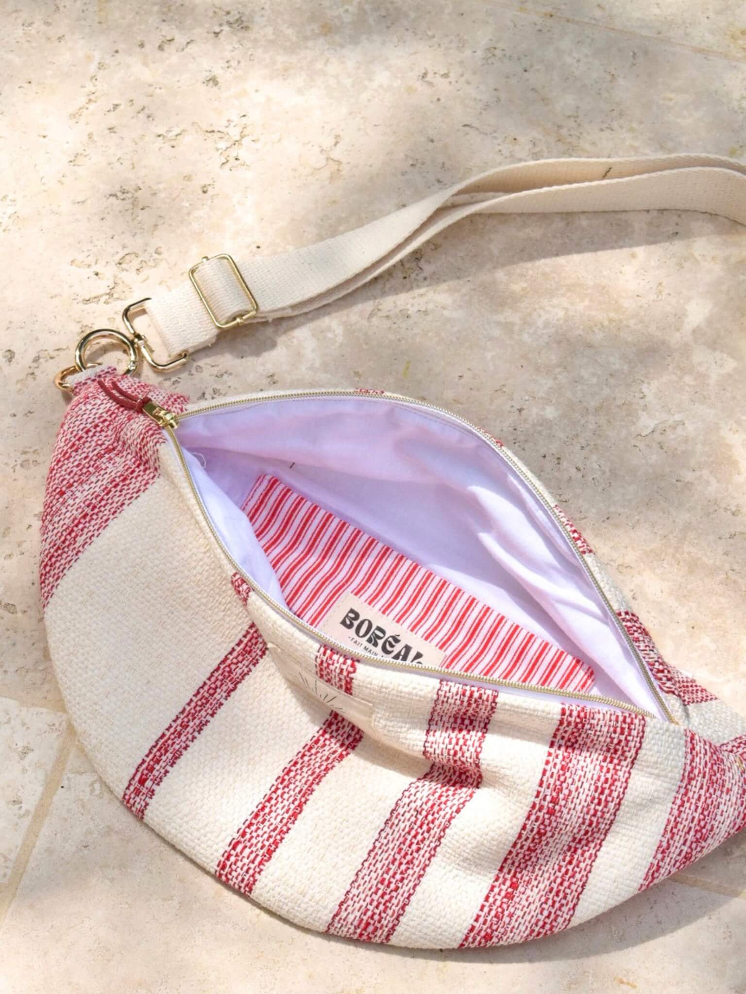 Sac banane pour femme printemps, rouge et blanc, en coton. Fabriqué en France.