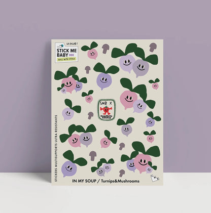 Stickers avec des légumes, champignons et radis.