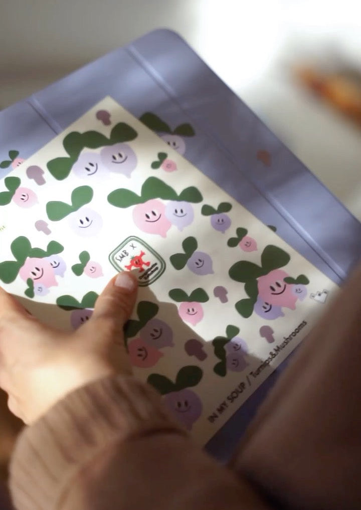 Stickers avec des légumes, champignons et radis.